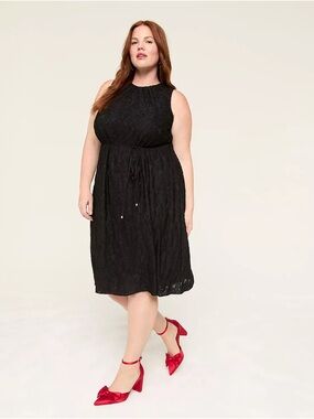 Lane Bryant Black Jacquard Midi Dress with Drawstring Waist
